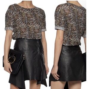 IRO Jeans Women Size Small Shay Punctured Linen Tee Zebra White Khaki Safari